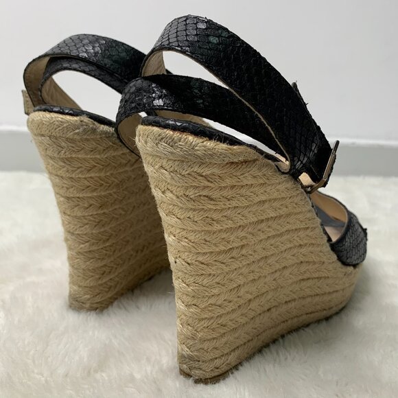 Jimmy Choo Women's Phoenix Black Embossed Straw Espadrille Wedges Size 42 - Picture 6 of 11